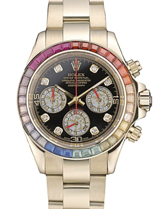 Rolex Cosmograph Daytona featuring black dial, yellow gold case, and black Oysterflex strap