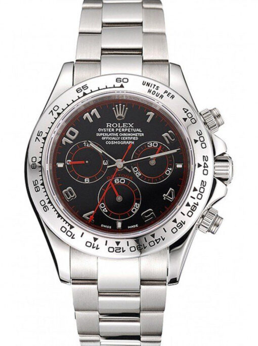 Vertical display of luxury Rolex watch with black dial and polished stainless steel strap