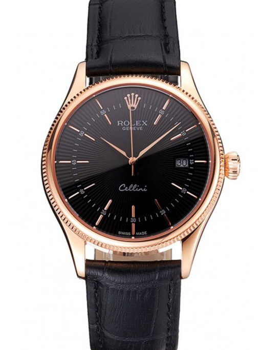 Rolex chronograph replica featuring black face and gold bracelet